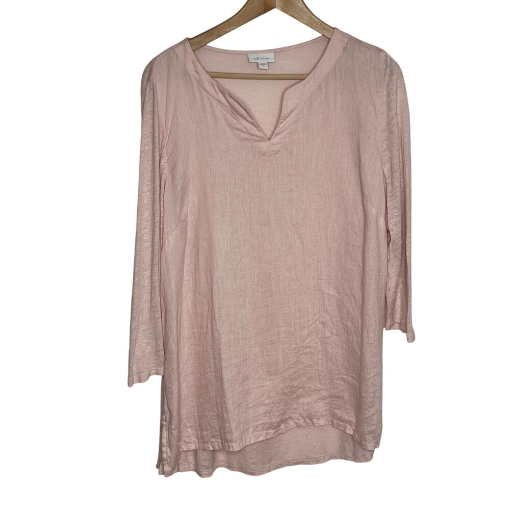 J. Jill Love Linen Womens Linen Tunic Top LP Pink 3/4 Sleeve Coastal Minimalist
